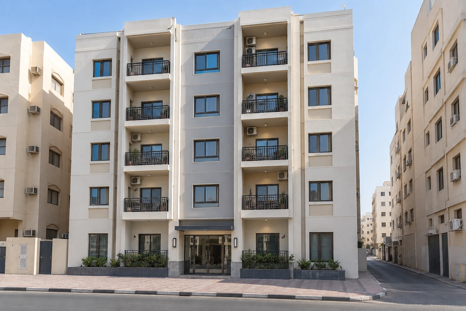 Illustrative multi-storey residential building with balconies, a shared entrance and a narrow side street for Ayal Nasir