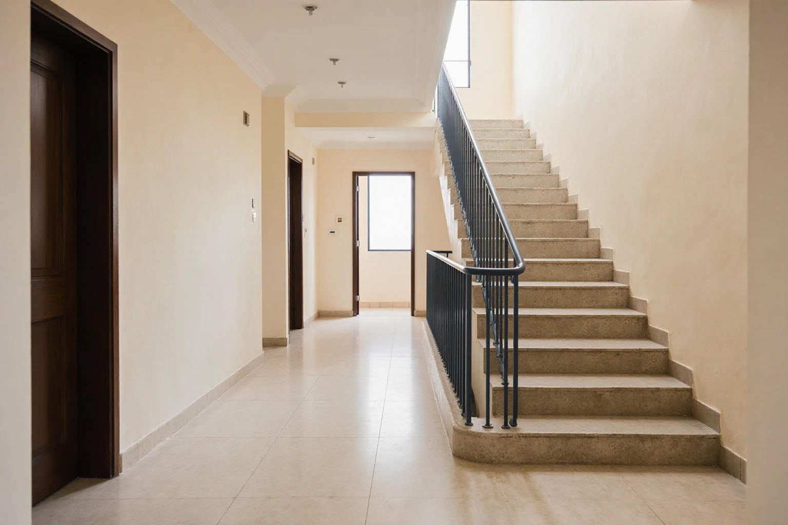 Shared residential entrance with a simple stairway